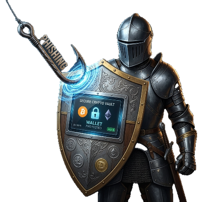 The Guard Up knight raising an ornate shield that shows a protected crypto wallet, deflecting a glowing phishing hook.